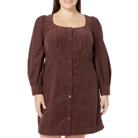 MADEWELL Plus Long Sleeve Seamed Button Front Retro Dress - Baby Cord Brown 14 W - Picture 1 of 11